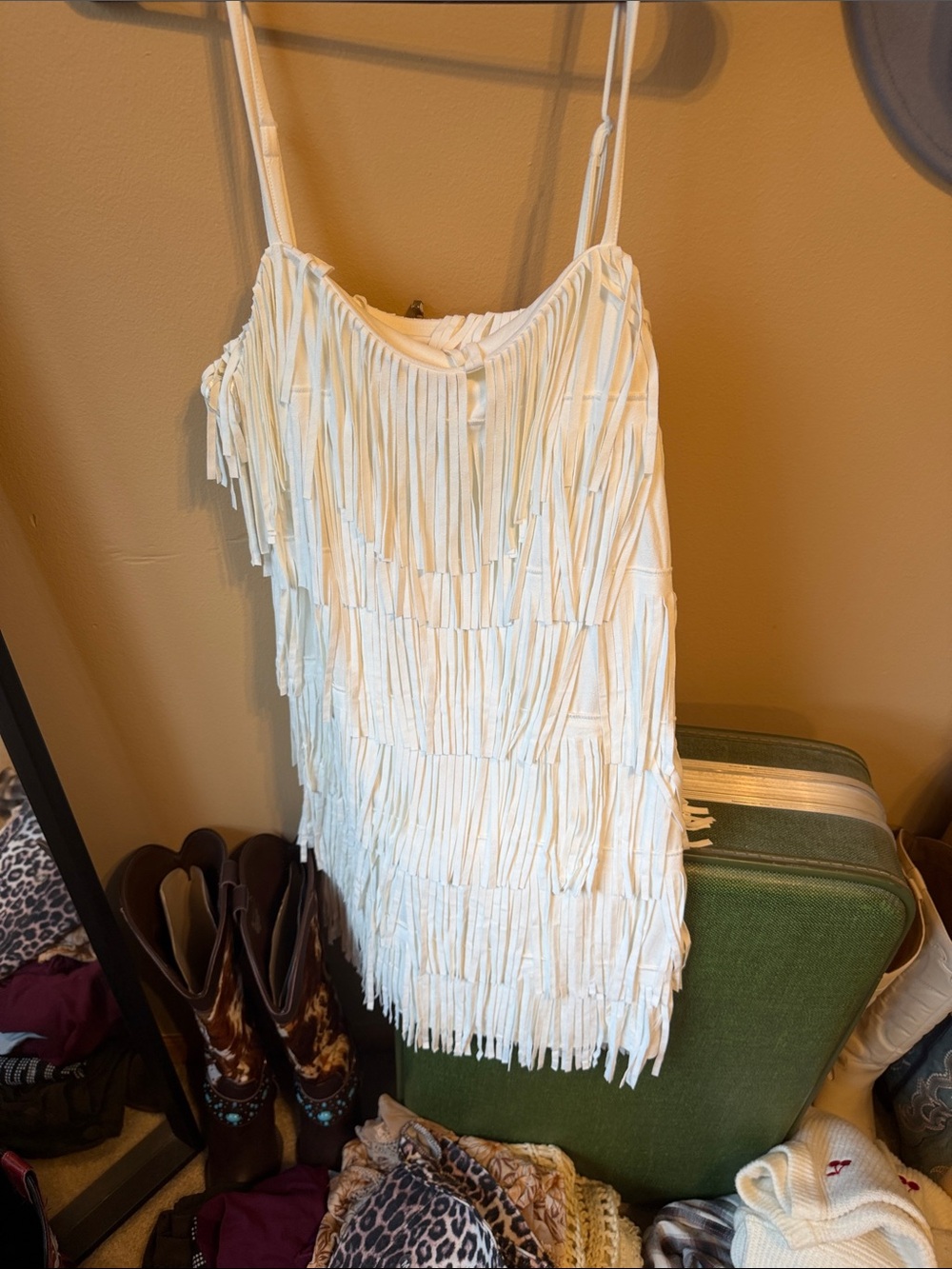 Francesca's Collections White Fringed Spaghetti-Strap Midi Dress